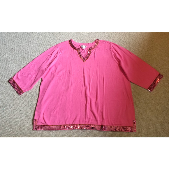 NWOT Womens Sweater-QUACKER FACTORY-pink 100% cotton sequin trim pullover 3/4-3X - Picture 1 of 5
